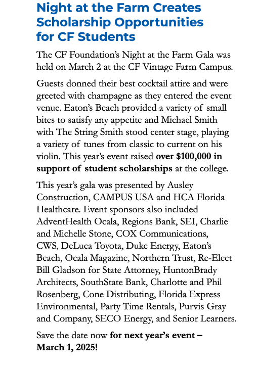 Night at the Farm Creates Scholarship Opportunities for CF Students The CF Foundation’s Night at the Farm Gala was he...